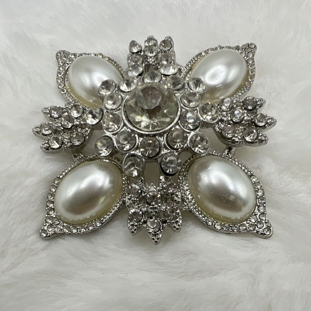 Monet Signed Silver Tone Flower Brooch Pin Faux Pearl Clear Rhinestones 2.5” Vtg